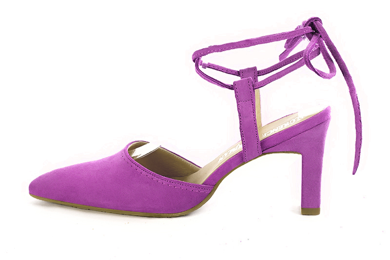 Mauve purple women's open back shoes, with crossed straps. Tapered toe. High comma heels. Profile view - Florence KOOIJMAN